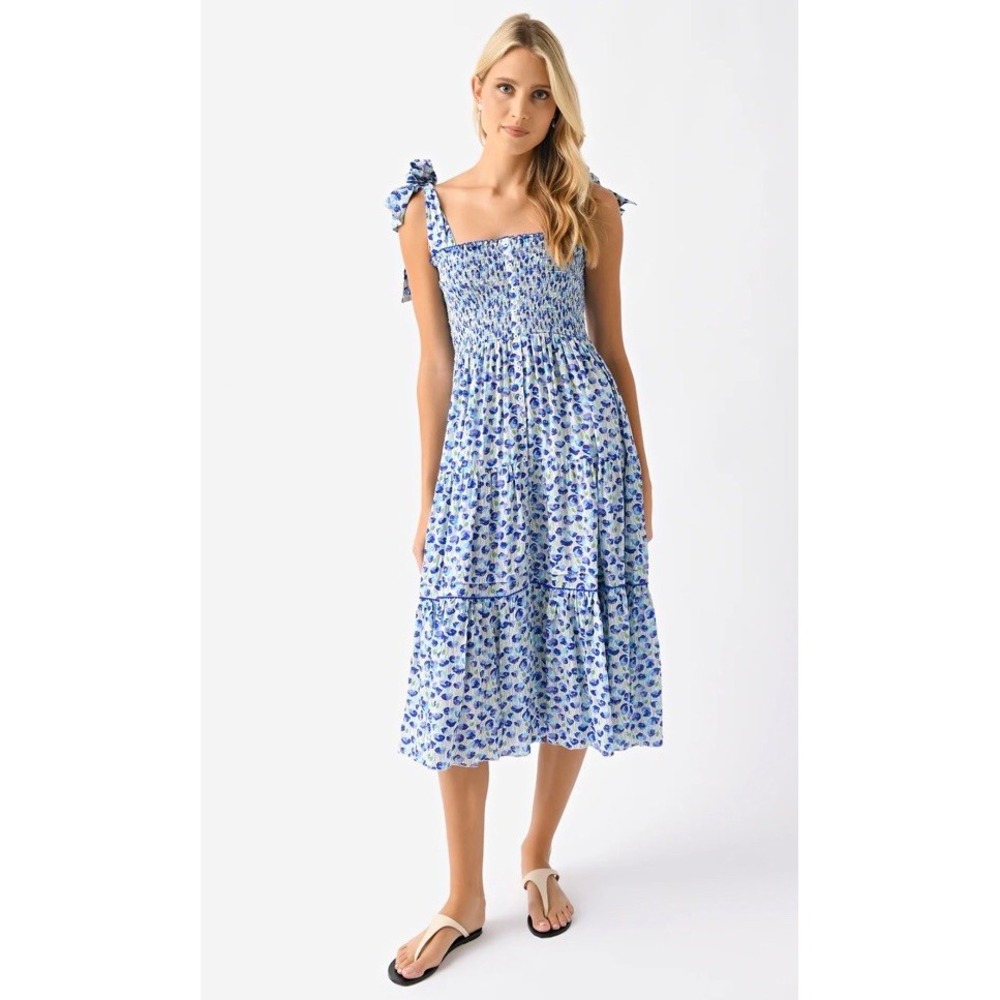 Poupette St Barth Floral Smocked Triny Midi Sundress Blue Green White M